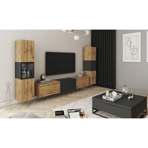 Mur TV LED 180 Cm Vitrine + Colonne Chêne Wotan / Noir Mat
