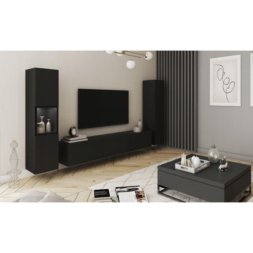 Mur TV LED 180 Cm Vitrine + Colonne Noir Mat