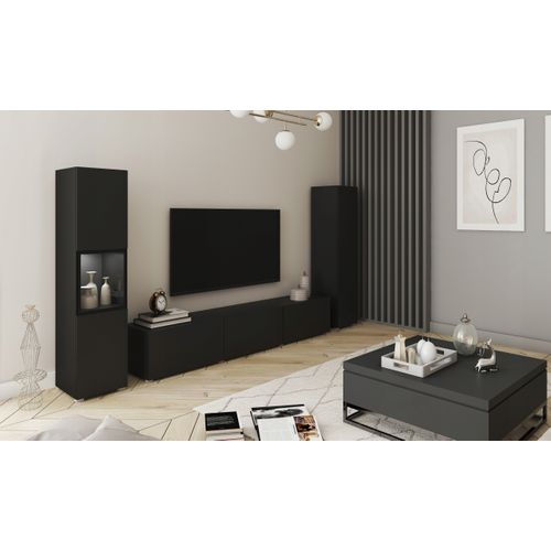 Mur TV LED 180 Cm Vitrine + Colonne Noir Mat