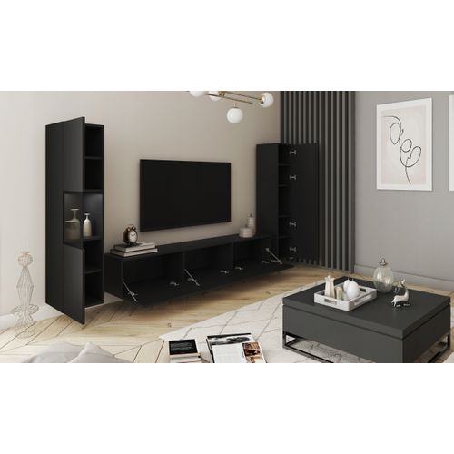 Mur TV LED 180 Cm Vitrine + Colonne Noir Mat