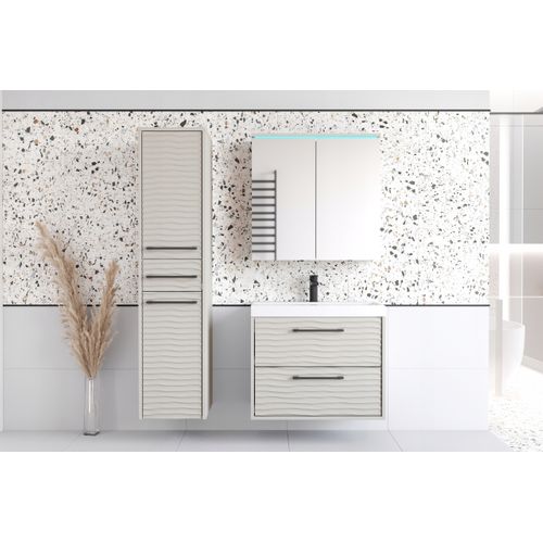 Salle De Bain Suspendue LED Lavabo Miroir Colonne Mdf Beige Cachemire