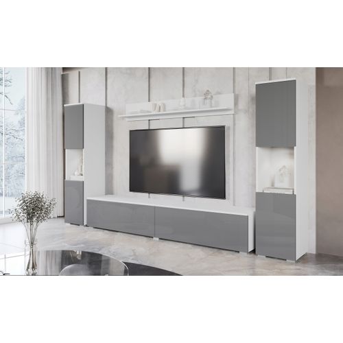 Mur TV 4 Éléments LED: 2 Colonnes + TV 180 Cm + Étagère, Blanc Mat / Gris Brillant