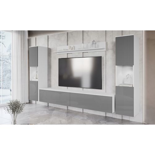 Mur TV 4 Éléments LED: 2 Colonnes + TV 180 Cm + Étagère, Blanc Mat / Gris Brillant
