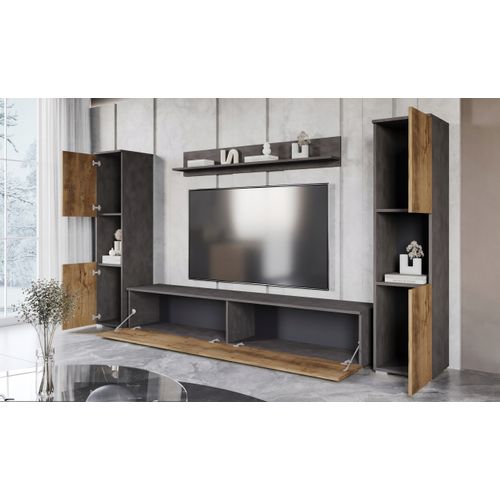 Mur TV 4 Éléments LED: 2 Colonnes + TV 180 Cm + Étagère, Anthracite / Châtaignier