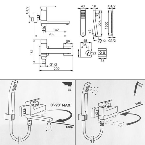 Robinet Mitigeur De Bain Mural, Bec Pivotant Rabattable + Douchette Incluse Zicco