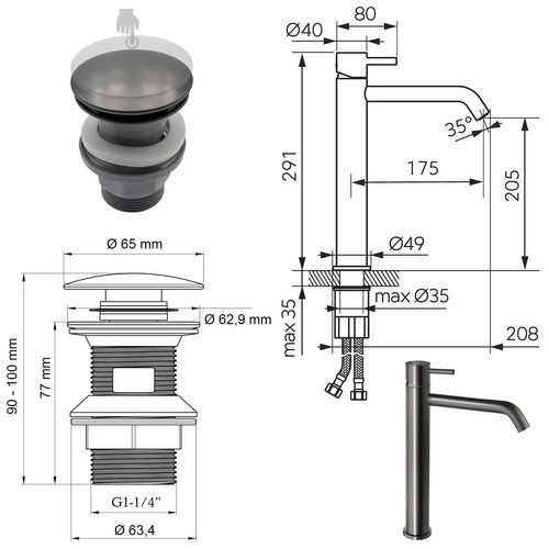 Ciriculus XL Robinet Mitigeur Haut Gris Brossé + Bonde