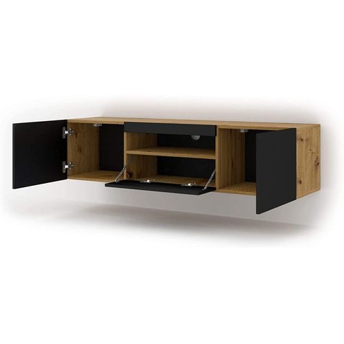 Aura Meuble TV Bas Universel 150 Cm à Suspendre Ou à Poser (chêne Artisan Et Mat Noir Sans LED)
