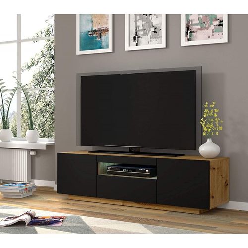 Aura Meuble TV Bas Universel 150 Cm à Suspendre Ou à Poser (chêne Artisan Et Mat Noir Sans LED)