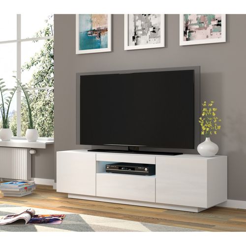 Aura Meuble TV Bas Universel 150 Cm à Suspendre Ou à Poser - Buffet Hi-fi - Blanc Sans LED
