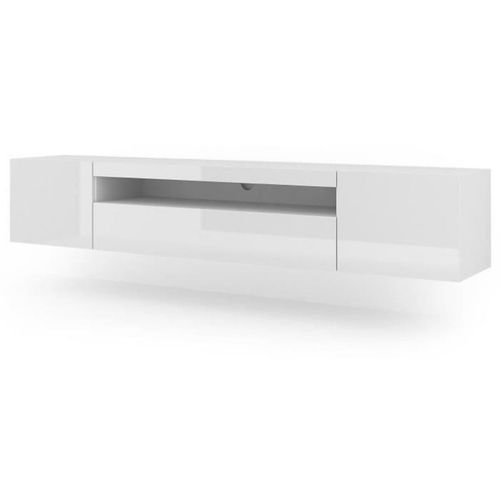 Meuble TV Bas Universel Aura 200 Cm à Suspendre Ou à Poser Blanc Mat / Blanc Brillant Sans LED