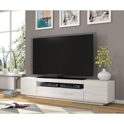 Meuble TV Bas Universel Aura 200 Cm à Suspendre Ou à Poser Blanc Mat / Blanc Brillant Avec LED