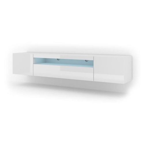 Meuble TV Bas Universel Aura 200 Cm à Suspendre Ou à Poser Blanc Mat / Blanc Brillant Avec LED
