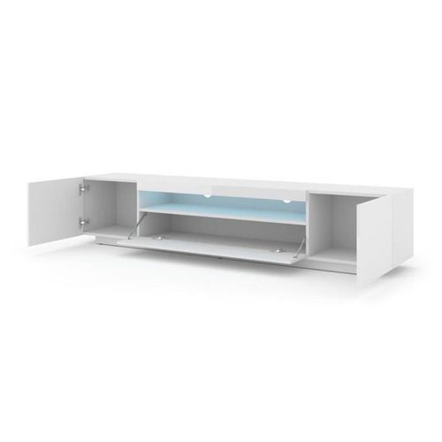Meuble TV Bas Universel Aura 200 Cm à Suspendre Ou à Poser Blanc Mat / Blanc Brillant Avec LED