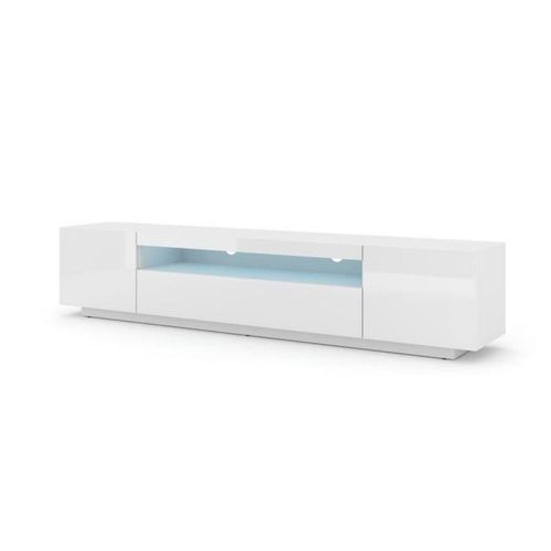 Meuble TV Bas Universel Aura 200 Cm à Suspendre Ou à Poser Blanc Mat / Blanc Brillant Avec LED