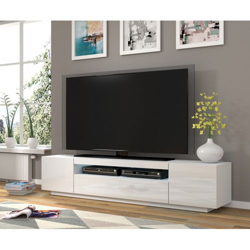 Meuble TV Bas Universel Aura 200 Cm à Suspendre Ou à Poser Blanc Mat / Blanc Brillant Avec LED