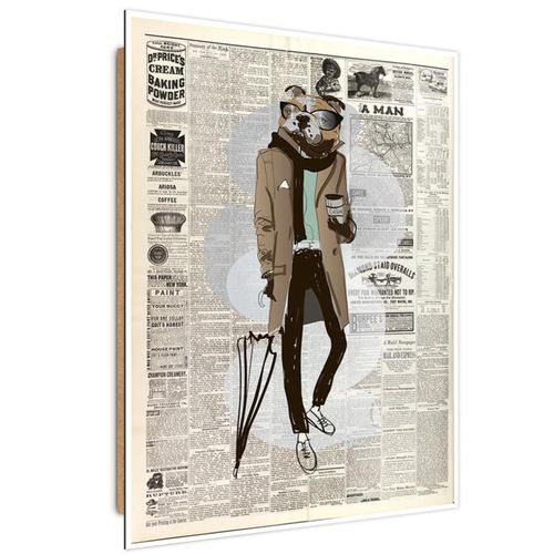 Tableau Bois Bulldog Dans Le Journal 60 X 80 Cm Beige