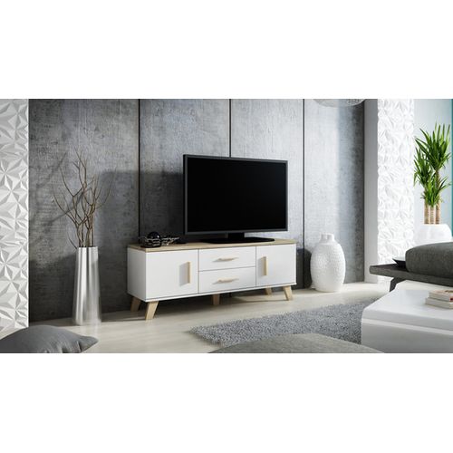 Meuble TV Décor Chêne Et Blanc Mat 140 Cm Colin