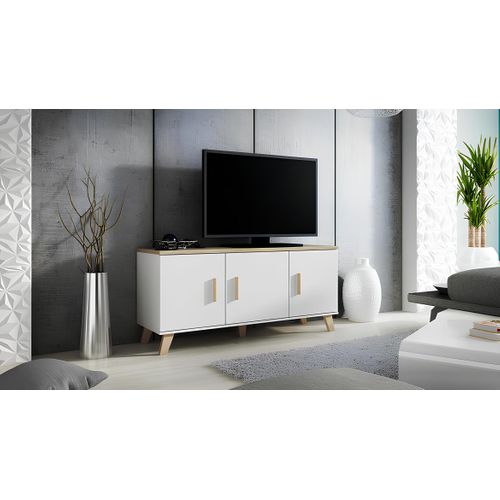 Meuble Tv Chêne et Blanc Mat 3 Portes 150 Cm Colin