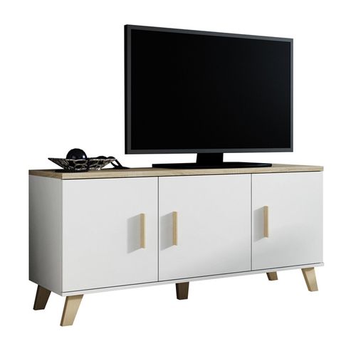 Meuble Tv Chêne et Blanc Mat 3 Portes 150 Cm Colin