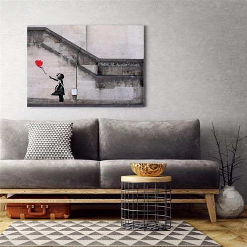 Tableau Bois Ballon En Forme De Coeur Fille Banksy Street Art 40 X 30 Cm Gris