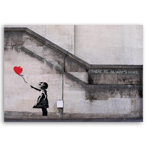 Tableau Bois Ballon En Forme De Coeur Fille Banksy Street Art 40 X 30 Cm Gris