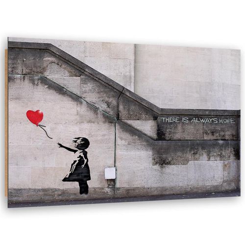Tableau Bois Ballon En Forme De Coeur Fille Banksy Street Art 60 X 40 Cm Gris