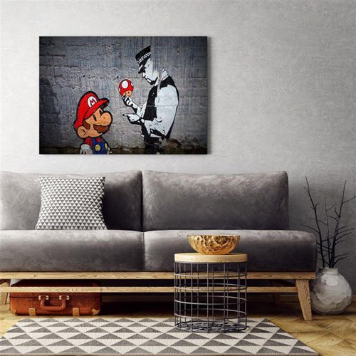 Tableau Bois Banksy Street Art Et Un Policier Super Mario 90 X 60 Cm Gris
