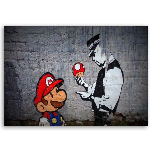 Tableau Bois Banksy Street Art Et Un Policier Super Mario 90 X 60 Cm Gris
