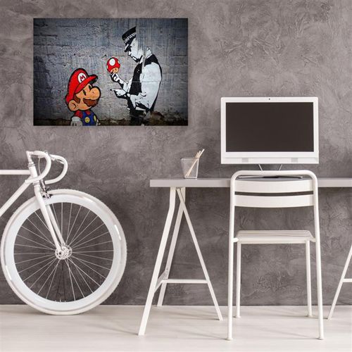 Tableau Bois Banksy Street Art Et Un Policier Super Mario 90 X 60 Cm Gris