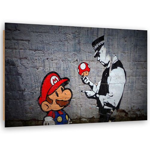 Tableau Bois Banksy Street Art Et Un Policier Super Mario 90 X 60 Cm Gris
