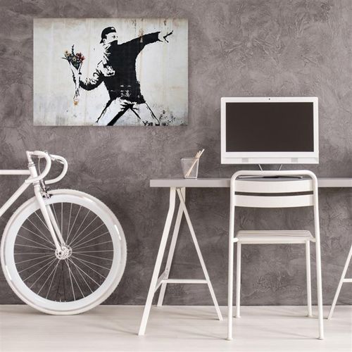 Tableau Bois Banksy Militant Graffiti Avec Des Fleurs 30 X 20 Cm Blanc