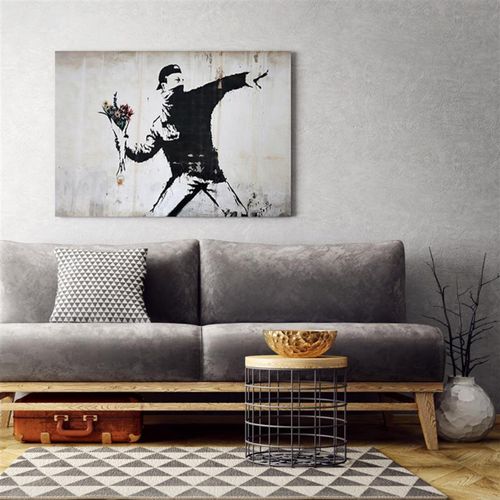 Tableau Bois Banksy Militant Graffiti Avec Des Fleurs 90 X 60 Cm Blanc