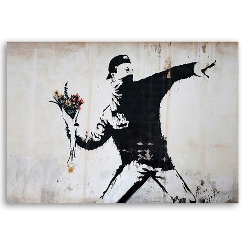 Tableau Bois Banksy Militant Graffiti Avec Des Fleurs 120 X 80 Cm Blanc