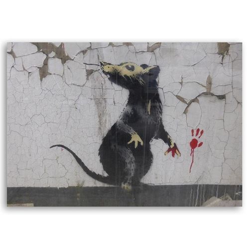 Tableau Bois Banksy Street Art Empreinte De Patte De Rat 60 X 40 Cm Blanc