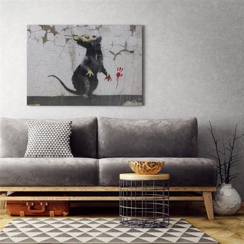 Tableau Bois Banksy Street Art Empreinte De Patte De Rat 90 X 60 Cm Blanc