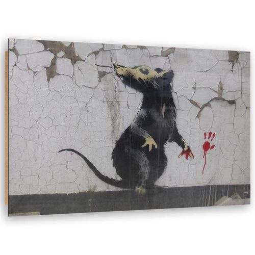 Tableau Bois Banksy Street Art Empreinte De Patte De Rat 120 X 80 Cm Blanc