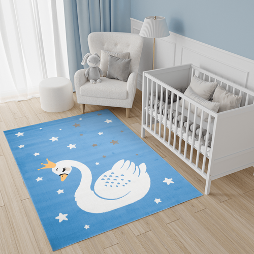 Tapis Enfant Bébé Bleu Blanc Jaune Gris Cygne 120 X 170 Cm Jolly