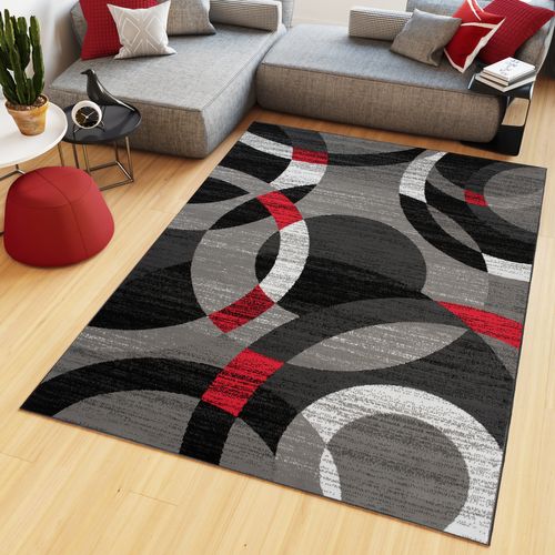 Tapis De Salon Chambre Design Moderne Gris Noir Rouge Cercles Moucheté Fin Maya 200x200