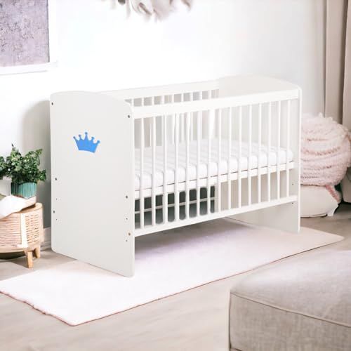 K2 Lit Bébé 120 X 60 Cm Avec Matelas Blanc Avec Couronne - Bleue