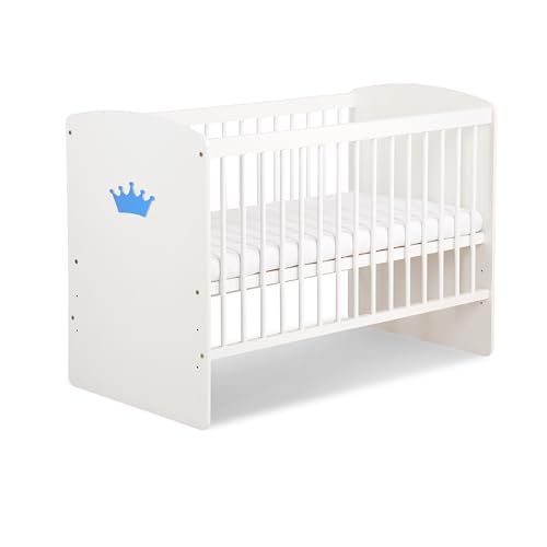 K2 Lit Bébé 120 X 60 Cm Avec Matelas Blanc Avec Couronne - Bleue
