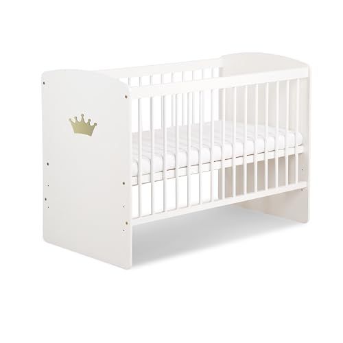 K2 Lit Bébé 120 X 60 Cm Avec Matelas Blanc Avec Couronne Dorée