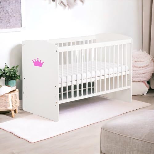 K2 Lit Bébé 120 X 60 Cm Avec Matelas - Blanc Avec Couronne Rose
