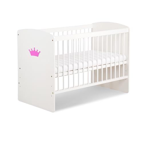 K2 Lit Bébé 120 X 60 Cm Avec Matelas - Blanc Avec Couronne Rose