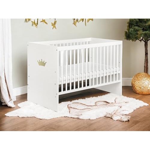 Tany Lit Bébé 120 X 60 Cm Avec Matelas Blanc Avec Couronne Dorée