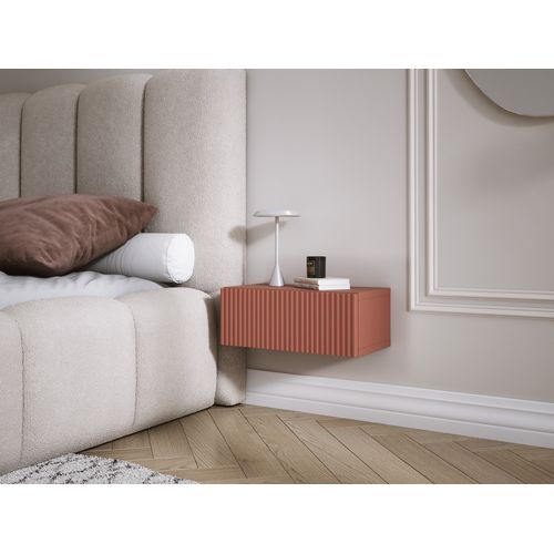 Table De Chevet Suspendue Avec Tiroir, Façade Rainurée, Couleur : Rouge Brique, 40 X 20 X 16 Cm