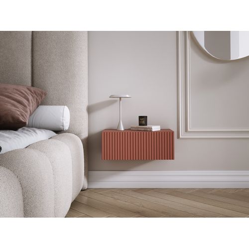 Table De Chevet Suspendue Avec Tiroir, Façade Rainurée, Couleur : Rouge Brique, 40 X 20 X 16 Cm