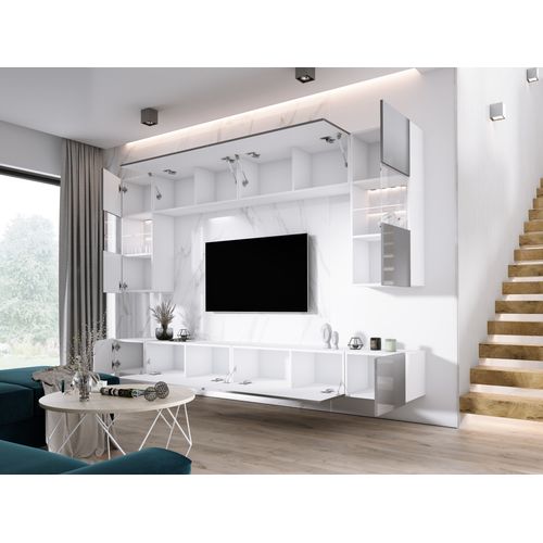 Elément Mural : 10 Portes, Blanc Mat / Blanc Brillant, L: 300 Cm, H: Réglable, P: 42 Cm