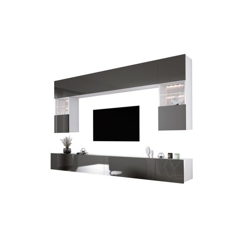 Elément Mural : 10 Portes, Blanc Mat / Blanc Brillant, L: 300 Cm, H: Réglable, P: 42 Cm