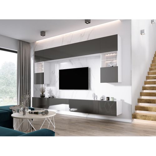 Elément Mural : 10 Portes, Blanc Mat / Blanc Brillant, L: 300 Cm, H: Réglable, P: 42 Cm