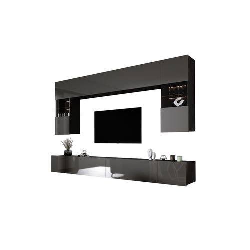 Elément Mural : 10 Portes, Noir Mat / Gris Brillant, L: 300 Cm, H: Réglable, P: 42 Cm